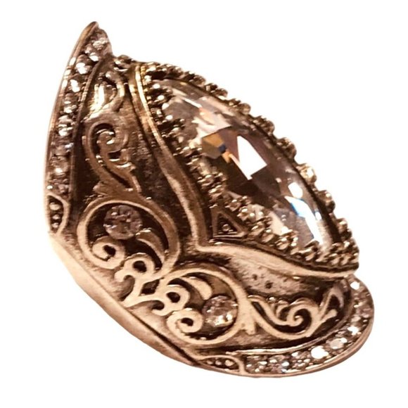 Western Style Full Finger Knuckle Joint Stretch Ring Silver Tone and Rhinestone - Picture 5 of 8